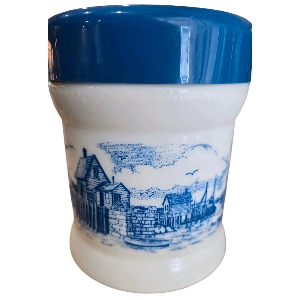 Dutch Delftware Blue Nautical Milk Glass‎  Jar W/LID Vintage Mint Condition Sea